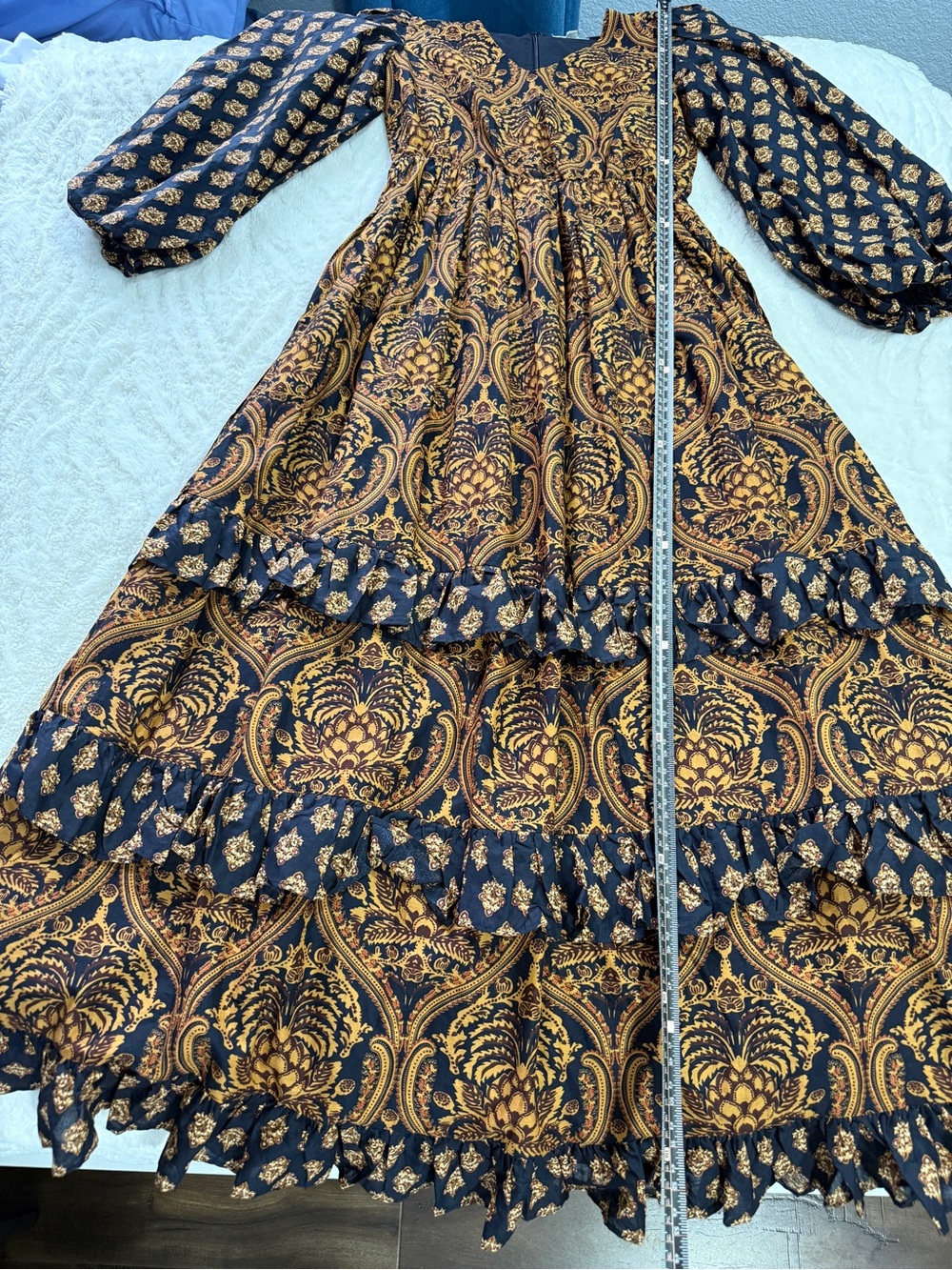 A Loves A XS Navy Gold Paisley Tiered Maxi Dress Boho Puff Sleeve - Picture 5 of 10